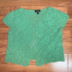 Bebe Crocheted Open Front Sweater with Bead Accents